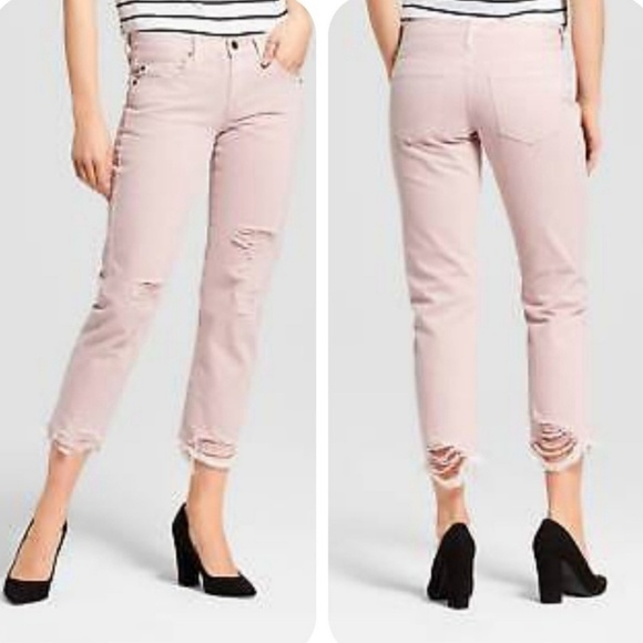 Pink mid-rise destroyed boyfriend cropped jeans - Picture 2 of 7